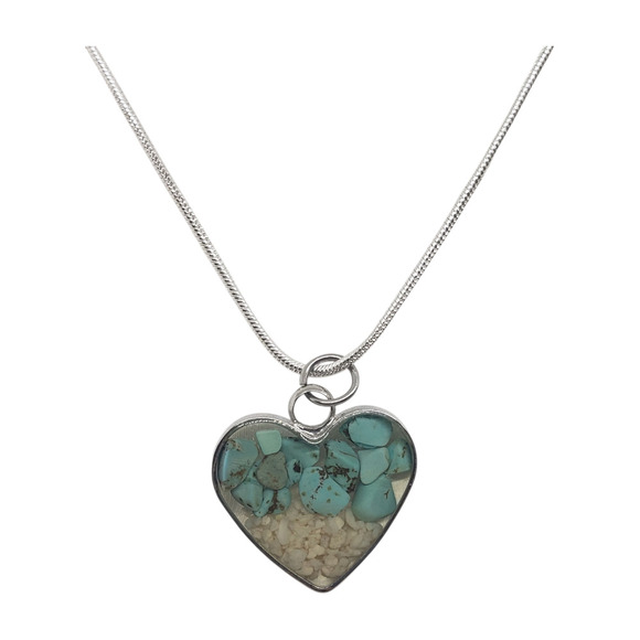 Heart Shaped Pendant Necklace Silver with Turquoise Chip & Beach Sand Inlay - Picture 5 of 14